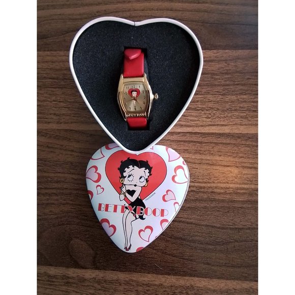 Betty Boop Red Strap Gold Tone Watch in Heart Tin - Picture 2 of 9